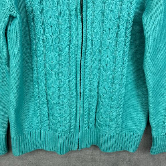 LL Bean Sweater Womens Large Teal Cable Knit Full Zip Cardigan Fisherman Cotton - Picture 3 of 14